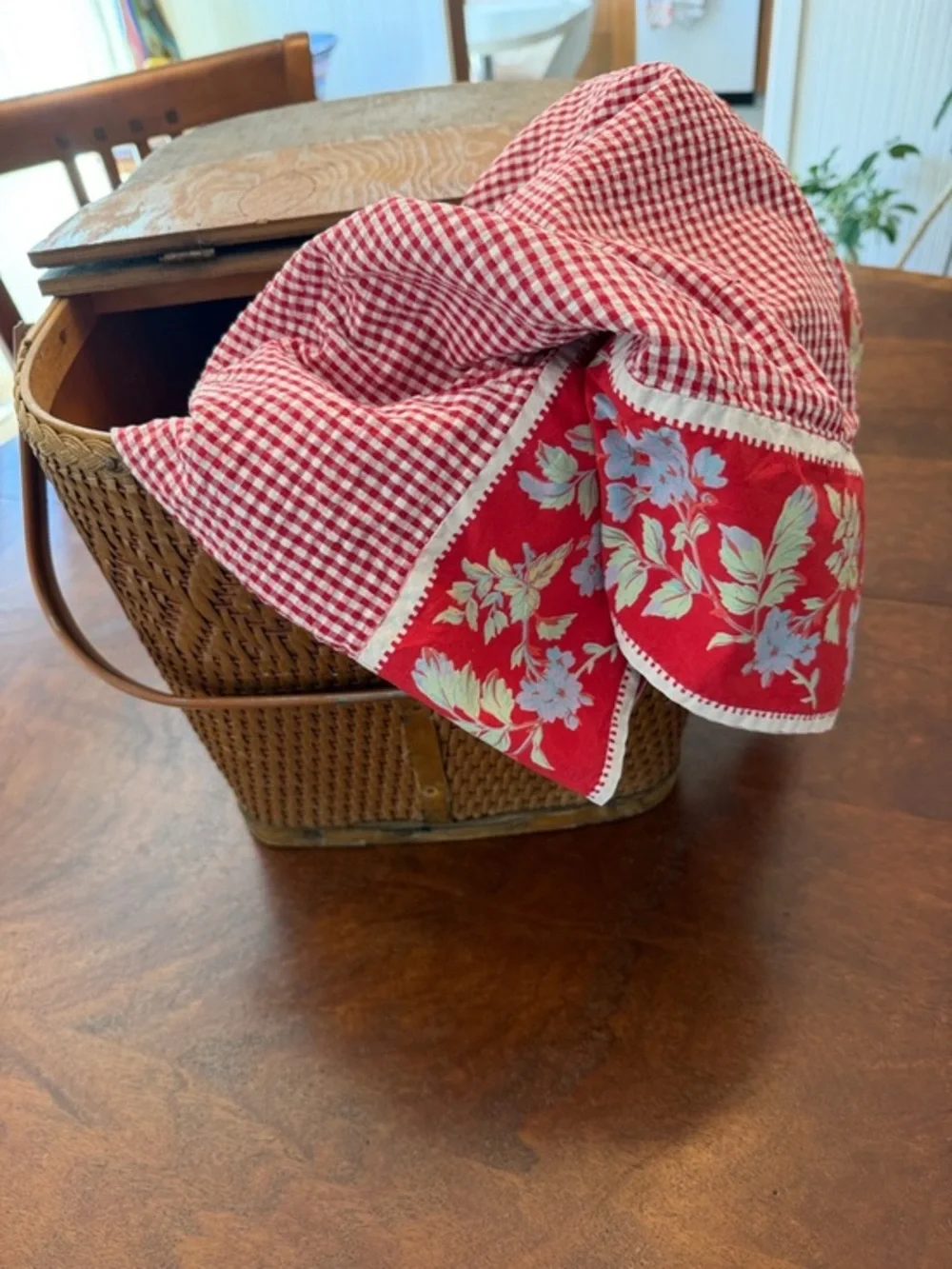 Vintage April Cornell Red Gingham Dragonfly Tablecloth Floral Hem & Four Napkins